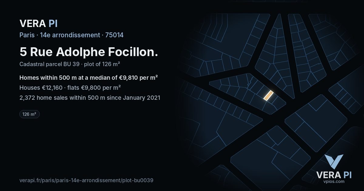 5 Rue Adolphe Focillon, 14e arrondissement at night – the plot lit, the parcels around coloured by the prices near them