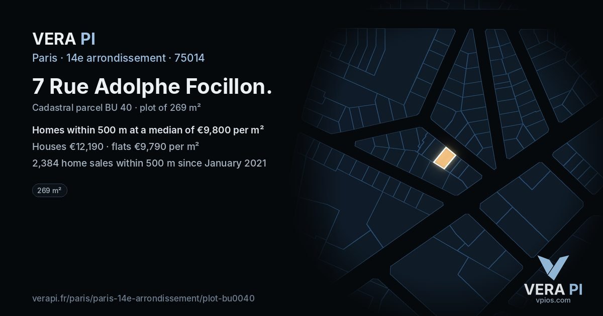 7 Rue Adolphe Focillon, 14e arrondissement at night – the plot lit, the parcels around coloured by the prices near them