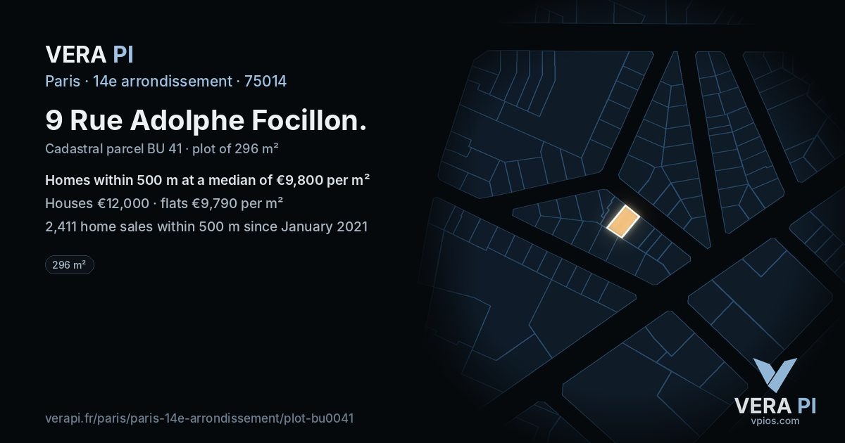 9 Rue Adolphe Focillon, 14e arrondissement at night – the plot lit, the parcels around coloured by the prices near them