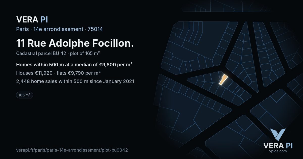 11 Rue Adolphe Focillon, 14e arrondissement at night – the plot lit, the parcels around coloured by the prices near them