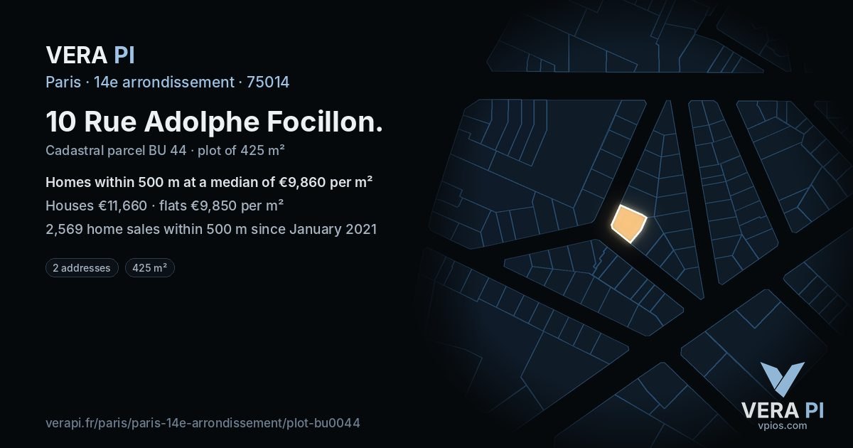 10 Rue Adolphe Focillon, 14e arrondissement at night – the plot lit, the parcels around coloured by the prices near them