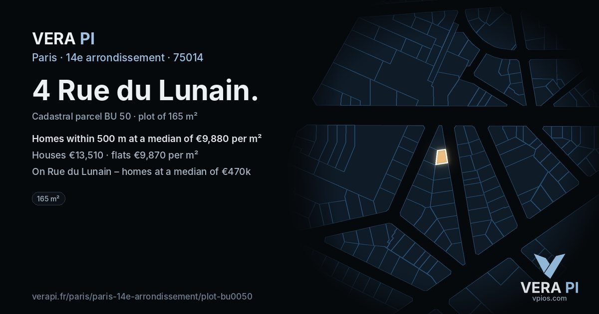 4 Rue du Lunain, 14e arrondissement at night – the plot lit, the parcels around coloured by the prices near them