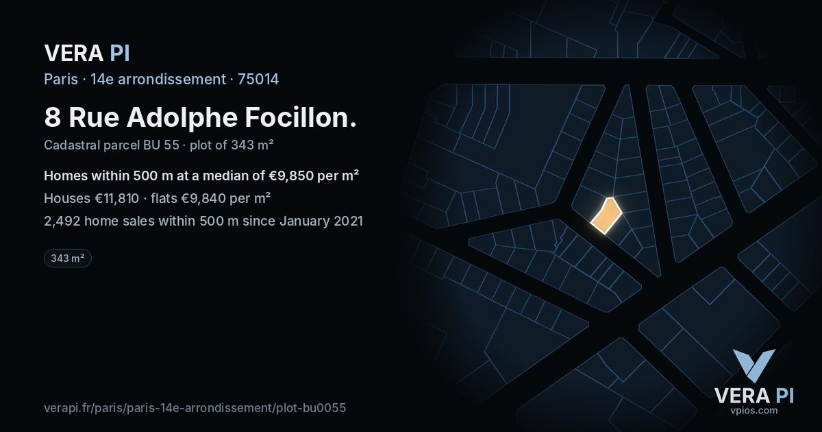 8 Rue Adolphe Focillon, 14e arrondissement at night – the plot lit, the parcels around coloured by the prices near them