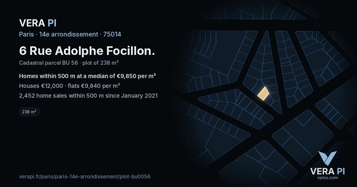 6 Rue Adolphe Focillon, 14e arrondissement at night – the plot lit, the parcels around coloured by the prices near them