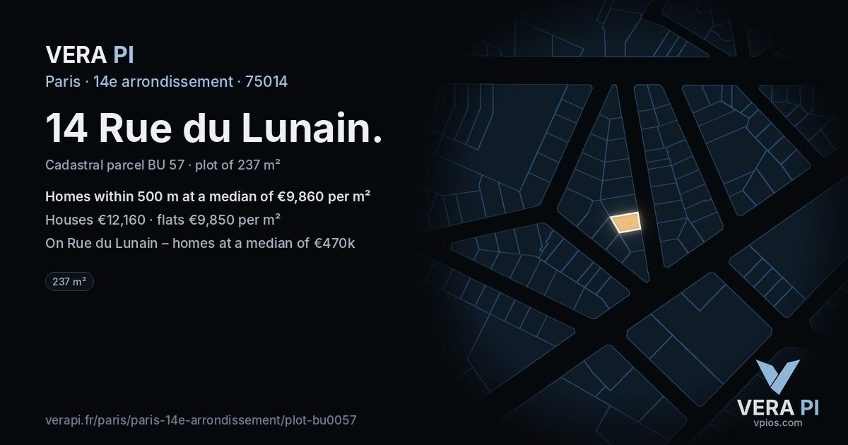 14 Rue du Lunain, 14e arrondissement at night – the plot lit, the parcels around coloured by the prices near them