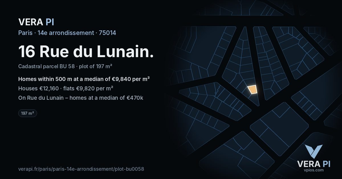 16 Rue du Lunain, 14e arrondissement at night – the plot lit, the parcels around coloured by the prices near them