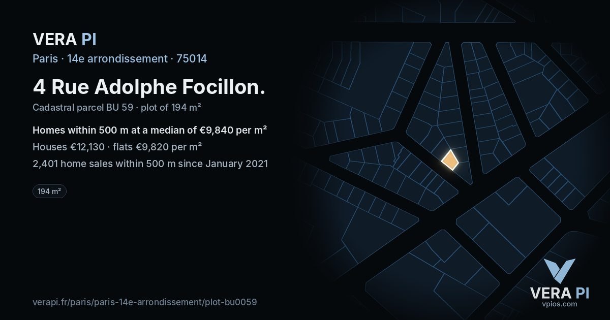 4 Rue Adolphe Focillon, 14e arrondissement at night – the plot lit, the parcels around coloured by the prices near them