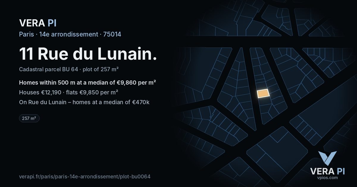 11 Rue du Lunain, 14e arrondissement at night – the plot lit, the parcels around coloured by the prices near them