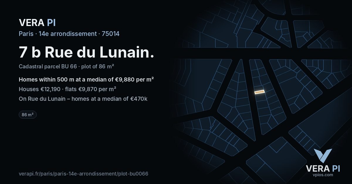 7 b Rue du Lunain, 14e arrondissement at night – the plot lit, the parcels around coloured by the prices near them