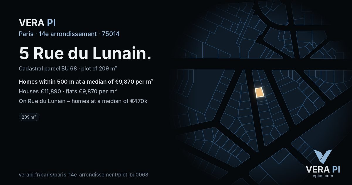 5 Rue du Lunain, 14e arrondissement at night – the plot lit, the parcels around coloured by the prices near them