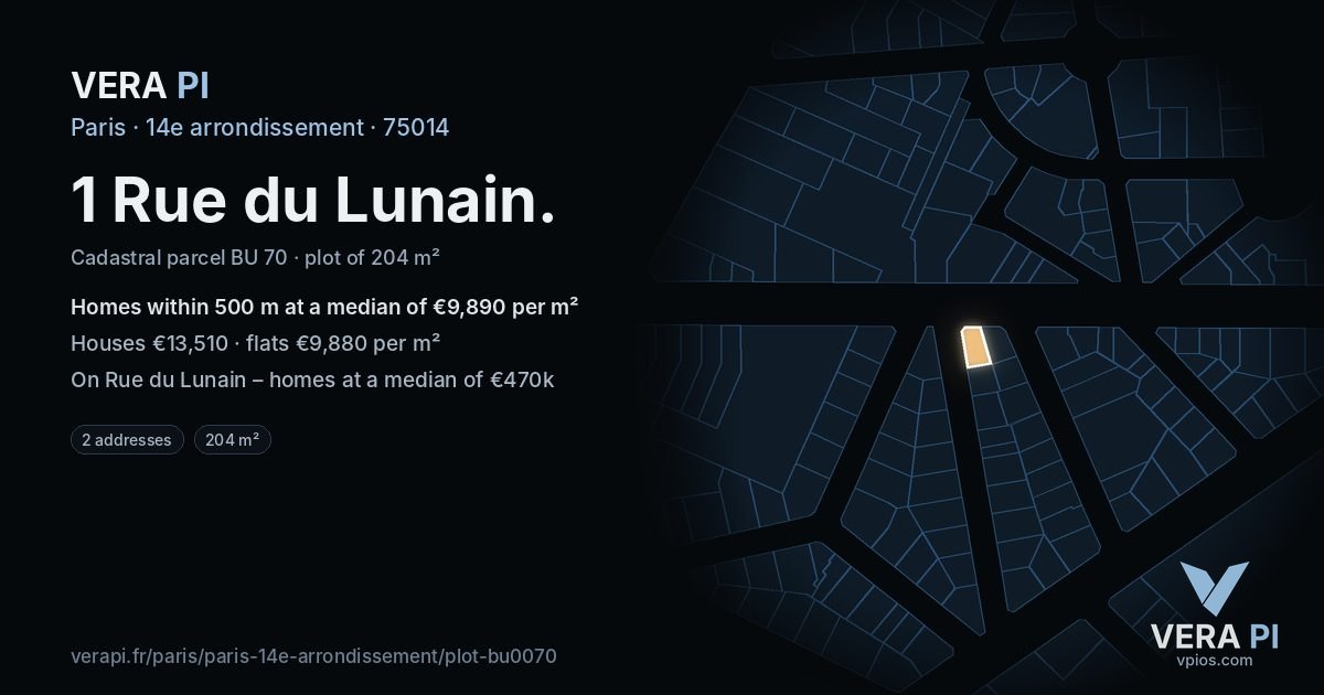 1 Rue du Lunain, 14e arrondissement at night – the plot lit, the parcels around coloured by the prices near them