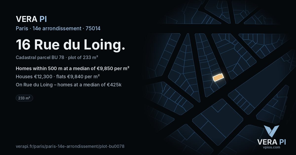 16 Rue du Loing, 14e arrondissement at night – the plot lit, the parcels around coloured by the prices near them