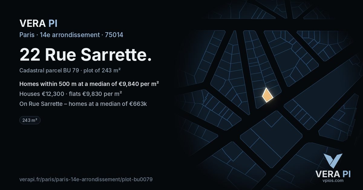 22 Rue Sarrette, 14e arrondissement at night – the plot lit, the parcels around coloured by the prices near them