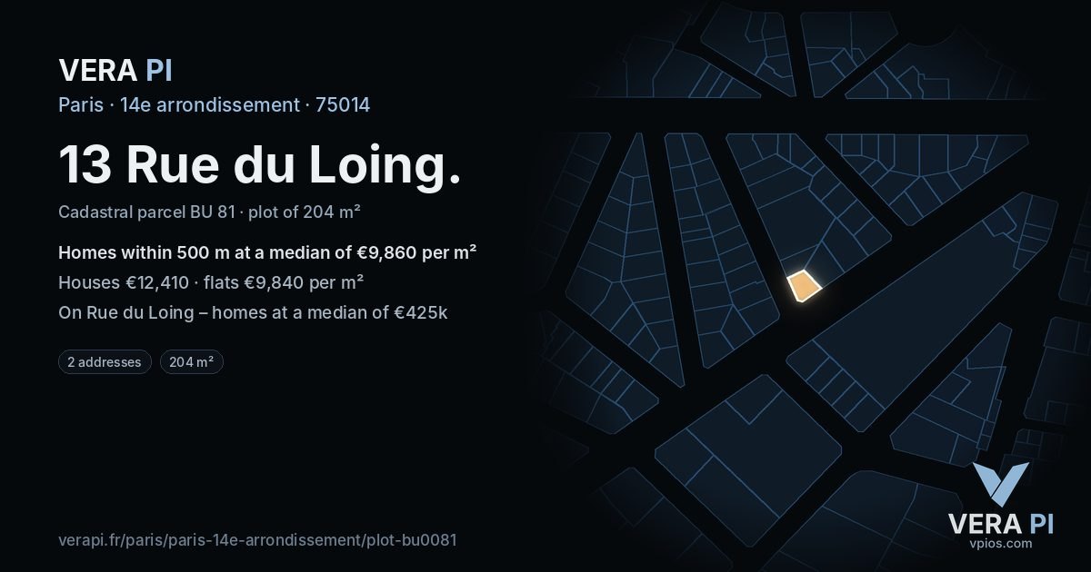 13 Rue du Loing, 14e arrondissement at night – the plot lit, the parcels around coloured by the prices near them