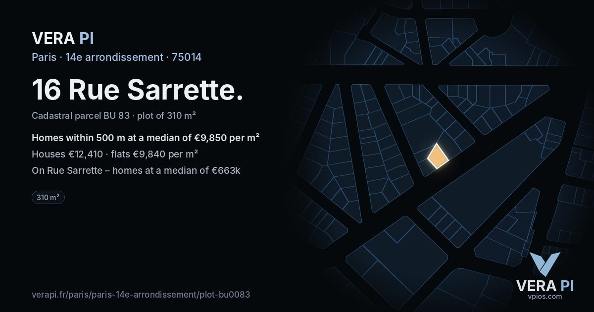 16 Rue Sarrette, 14e arrondissement at night – the plot lit, the parcels around coloured by the prices near them