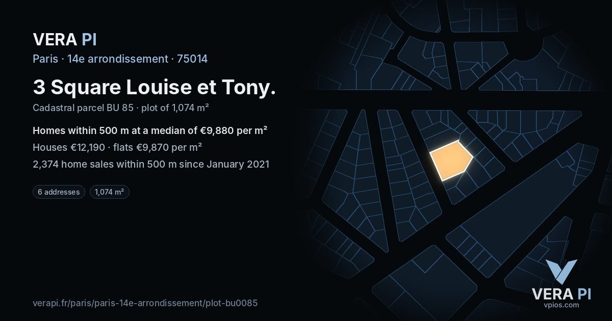 3 Square Louise et Tony, 14e arrondissement at night – the plot lit, the parcels around coloured by the prices near them
