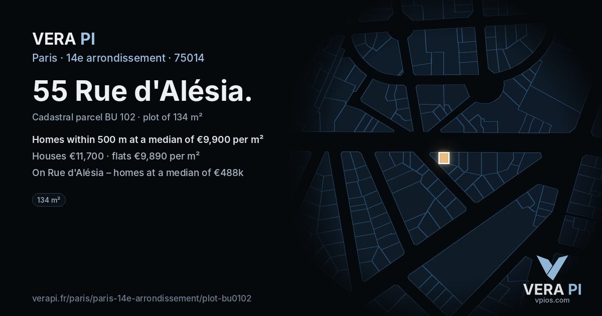 55 Rue d'Alésia, 14e arrondissement at night – the plot lit, the parcels around coloured by the prices near them