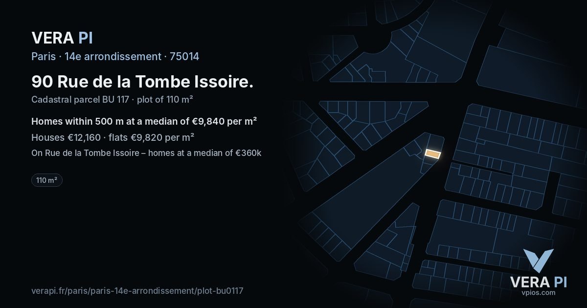 90 Rue de la Tombe Issoire, 14e arrondissement at night – the plot lit, the parcels around coloured by the prices near them