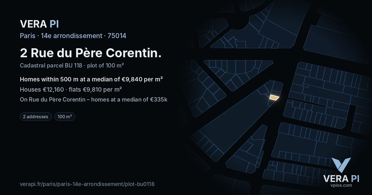 2 Rue du Père Corentin, 14e arrondissement at night – the plot lit, the parcels around coloured by the prices near them