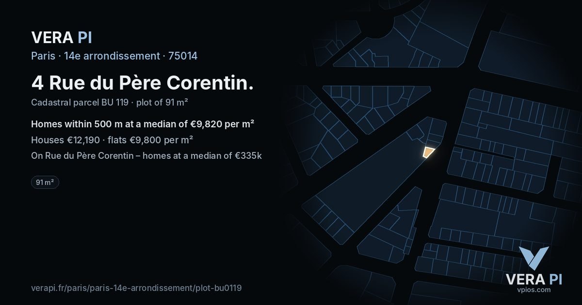 4 Rue du Père Corentin, 14e arrondissement at night – the plot lit, the parcels around coloured by the prices near them