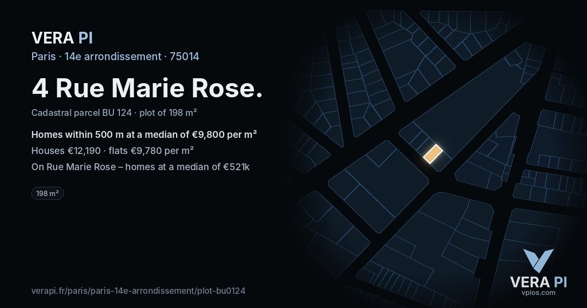 4 Rue Marie Rose, 14e arrondissement at night – the plot lit, the parcels around coloured by the prices near them