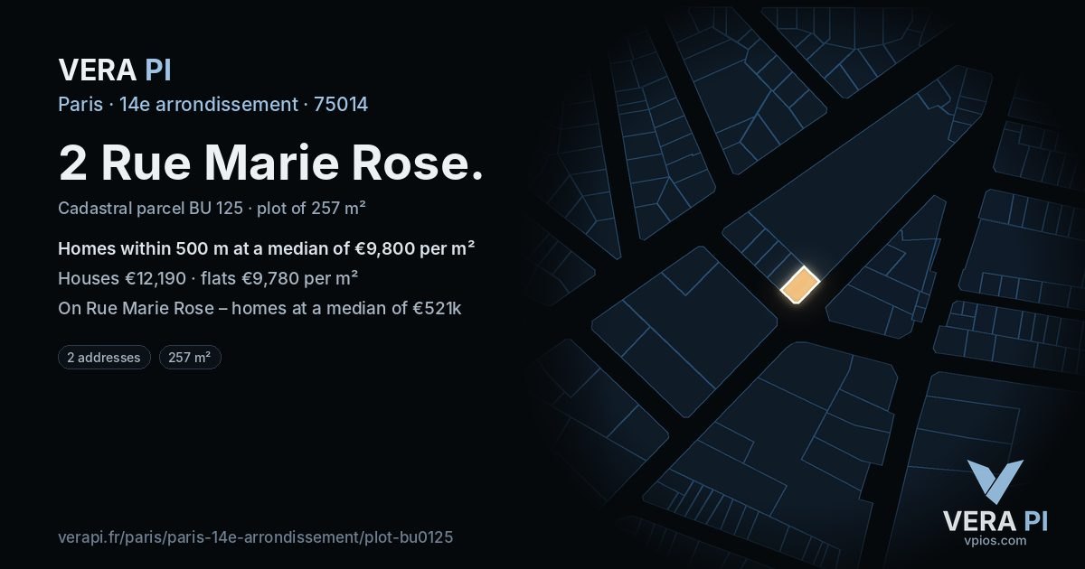 2 Rue Marie Rose, 14e arrondissement at night – the plot lit, the parcels around coloured by the prices near them