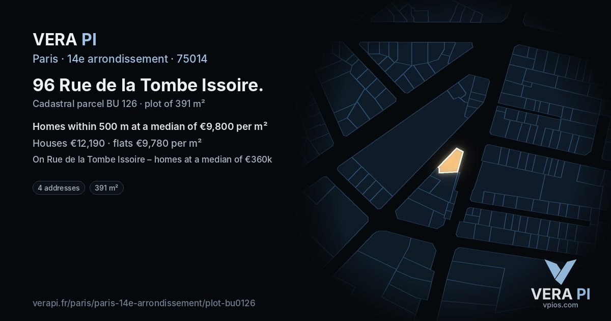96 Rue de la Tombe Issoire, 14e arrondissement at night – the plot lit, the parcels around coloured by the prices near them