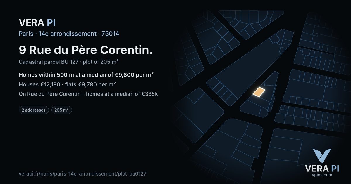 9 Rue du Père Corentin, 14e arrondissement at night – the plot lit, the parcels around coloured by the prices near them