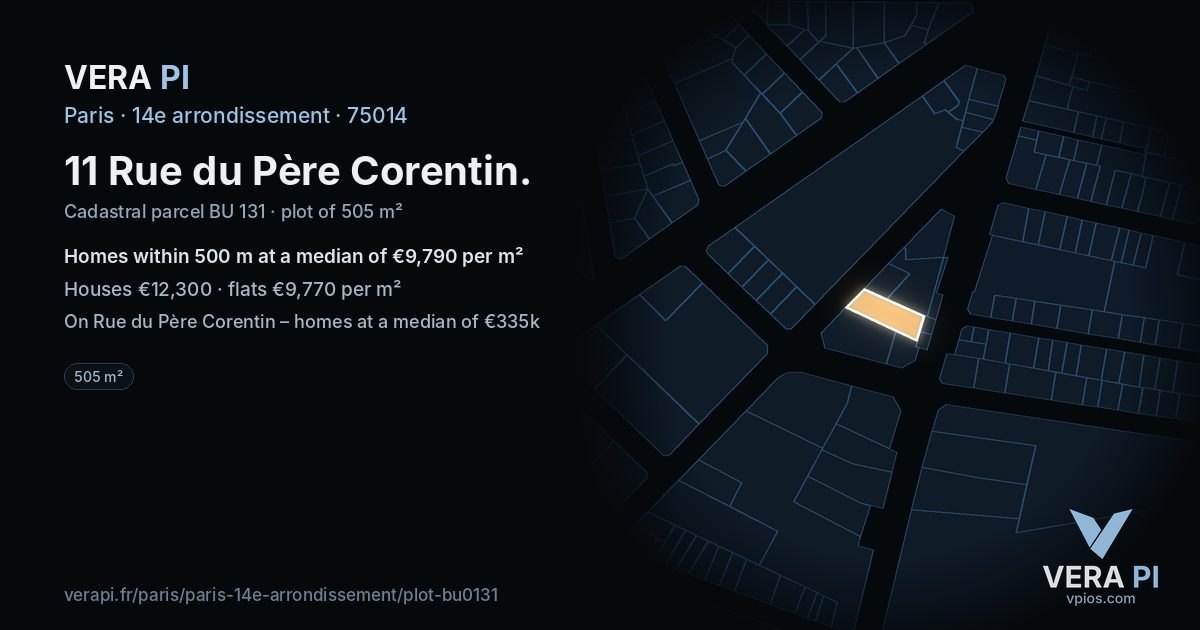 11 Rue du Père Corentin, 14e arrondissement at night – the plot lit, the parcels around coloured by the prices near them