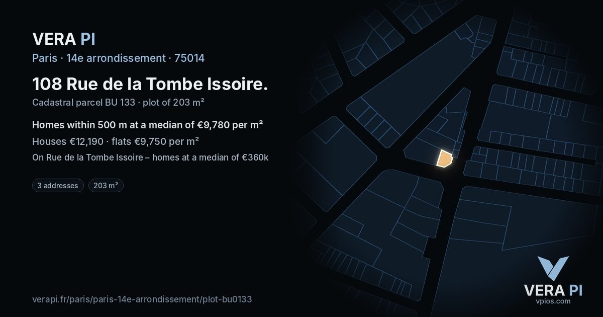 108 Rue de la Tombe Issoire, 14e arrondissement at night – the plot lit, the parcels around coloured by the prices near them