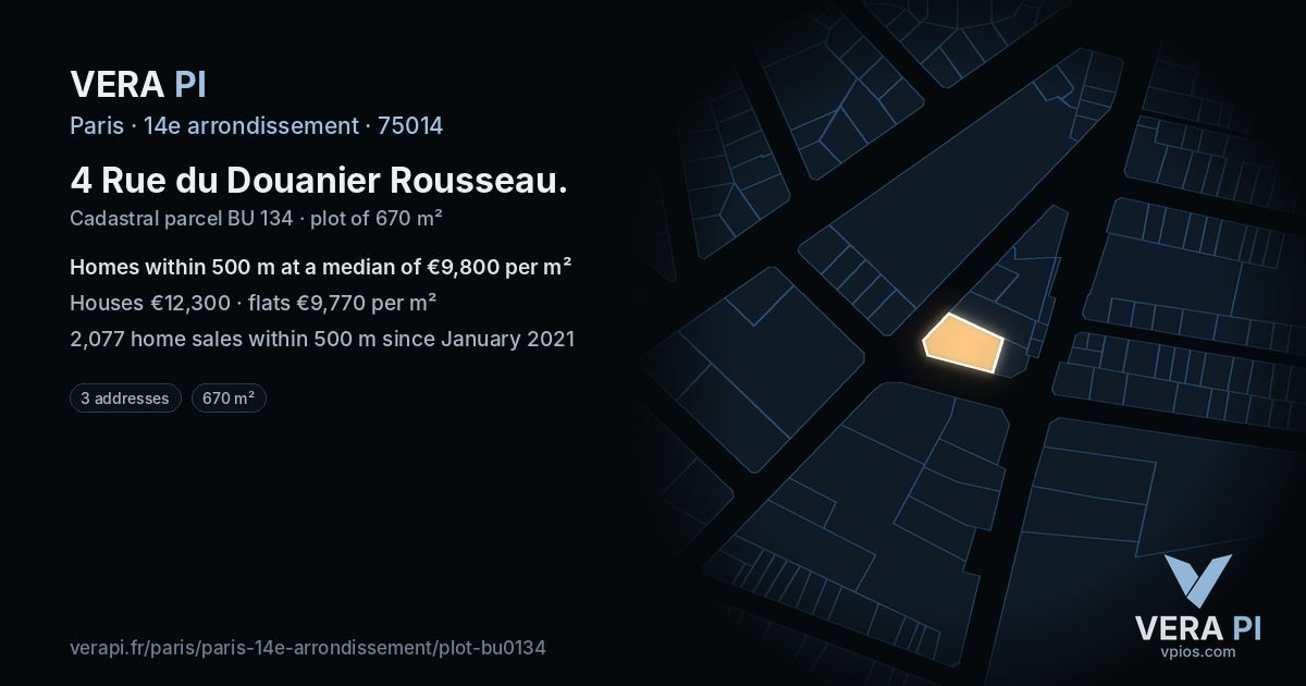 4 Rue du Douanier Rousseau, 14e arrondissement at night – the plot lit, the parcels around coloured by the prices near them