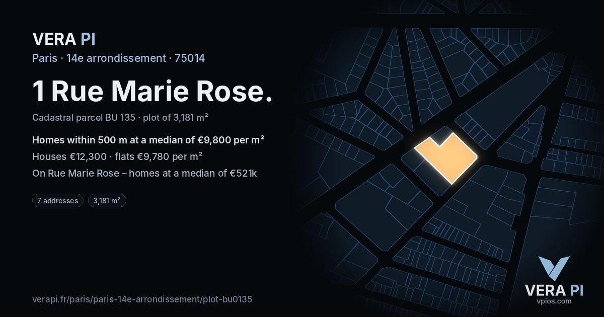 1 Rue Marie Rose, 14e arrondissement at night – the plot lit, the parcels around coloured by the prices near them
