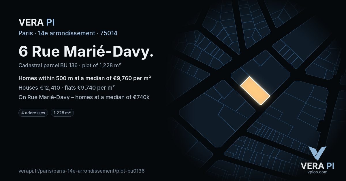6 Rue Marié-Davy, 14e arrondissement at night – the plot lit, the parcels around coloured by the prices near them