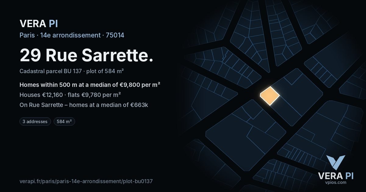 29 Rue Sarrette, 14e arrondissement at night – the plot lit, the parcels around coloured by the prices near them