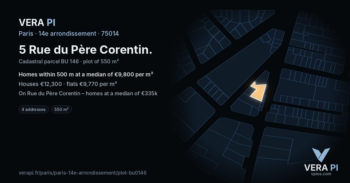 5 Rue du Père Corentin, 14e arrondissement at night – the plot lit, the parcels around coloured by the prices near them