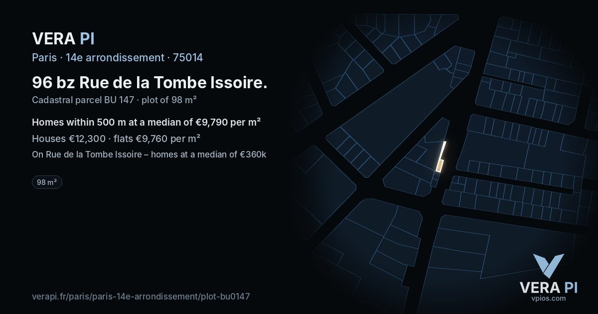 96 bz Rue de la Tombe Issoire, 14e arrondissement at night – the plot lit, the parcels around coloured by the prices near them