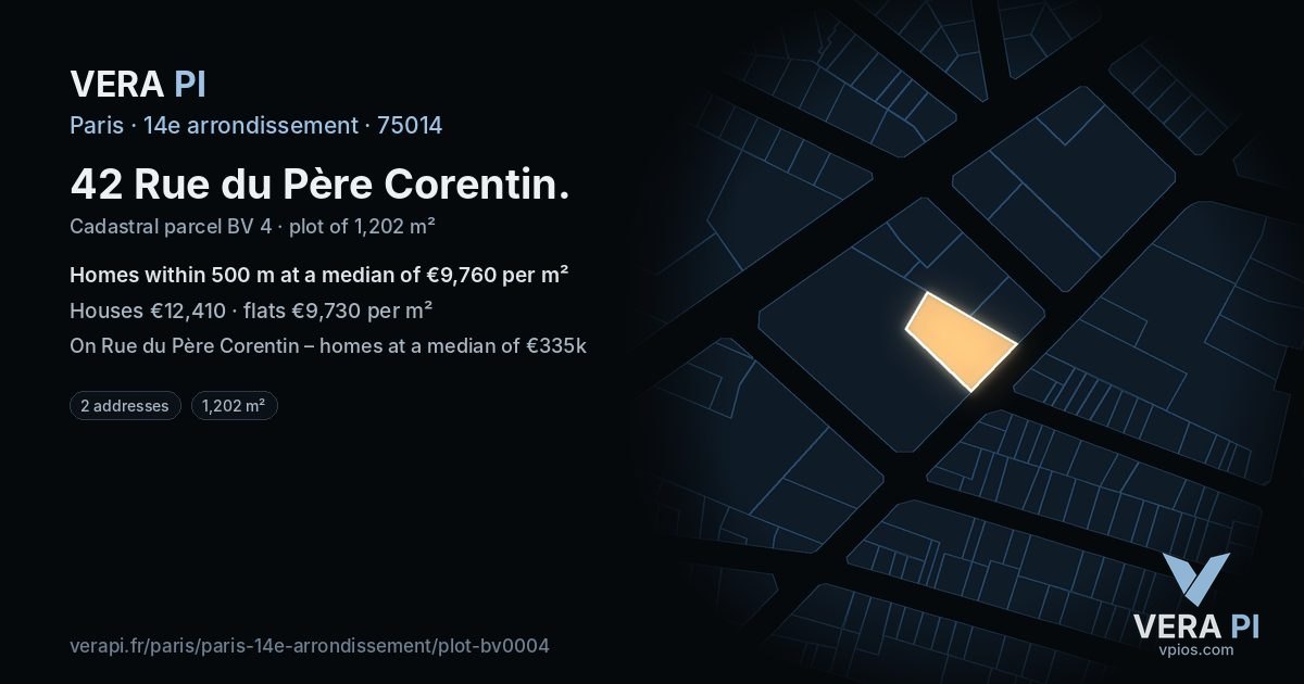 42 Rue du Père Corentin, 14e arrondissement at night – the plot lit, the parcels around coloured by the prices near them