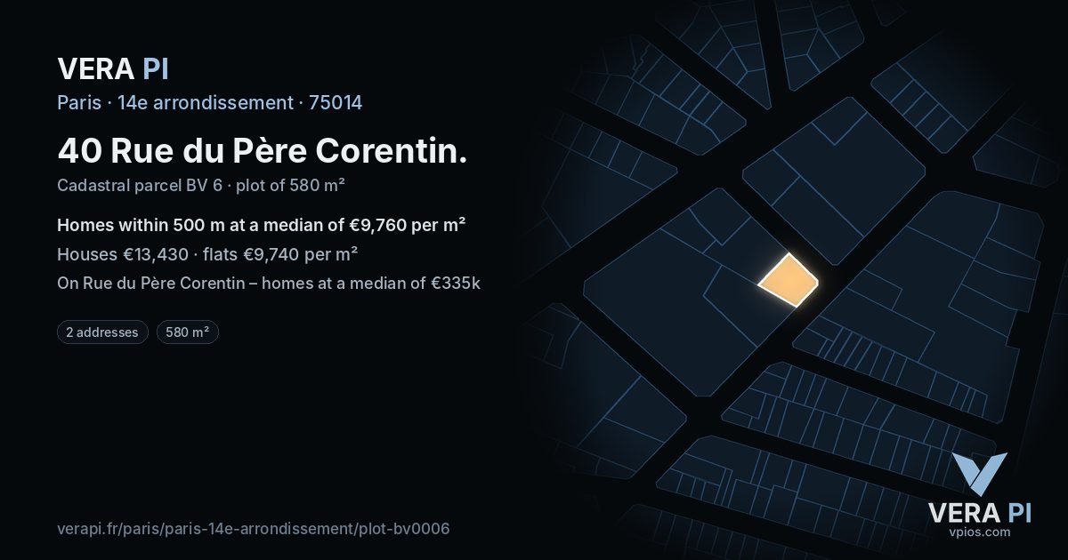 40 Rue du Père Corentin, 14e arrondissement at night – the plot lit, the parcels around coloured by the prices near them