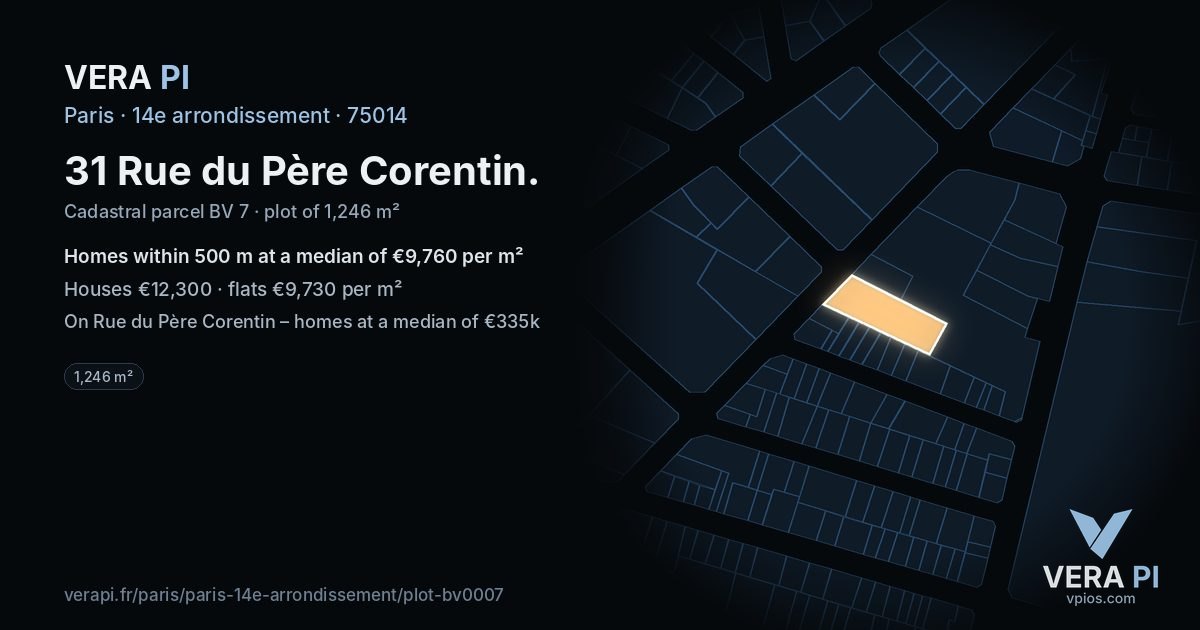 31 Rue du Père Corentin, 14e arrondissement at night – the plot lit, the parcels around coloured by the prices near them