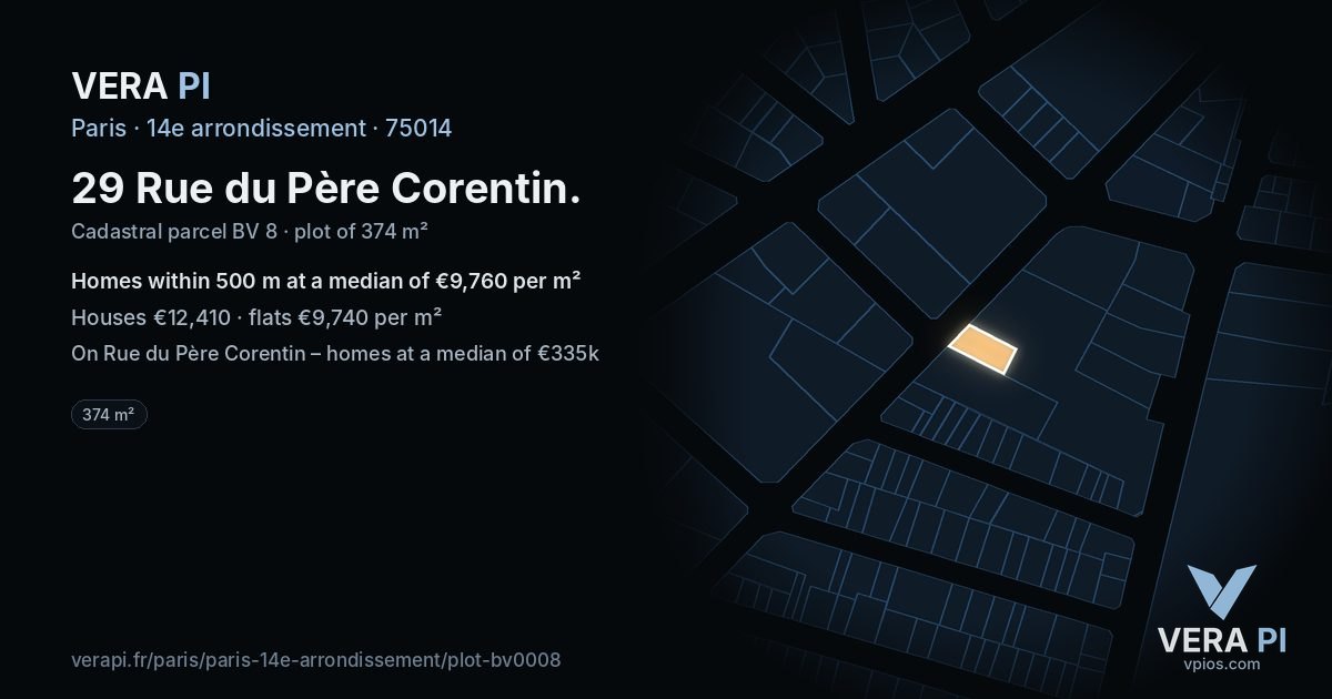 29 Rue du Père Corentin, 14e arrondissement at night – the plot lit, the parcels around coloured by the prices near them