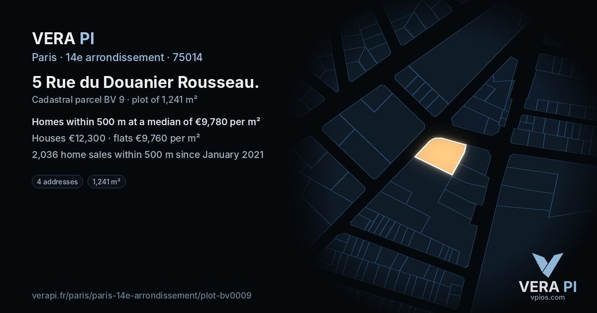 5 Rue du Douanier Rousseau, 14e arrondissement at night – the plot lit, the parcels around coloured by the prices near them