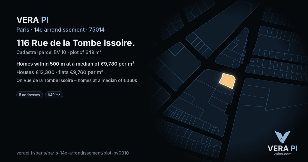 116 Rue de la Tombe Issoire, 14e arrondissement at night – the plot lit, the parcels around coloured by the prices near them