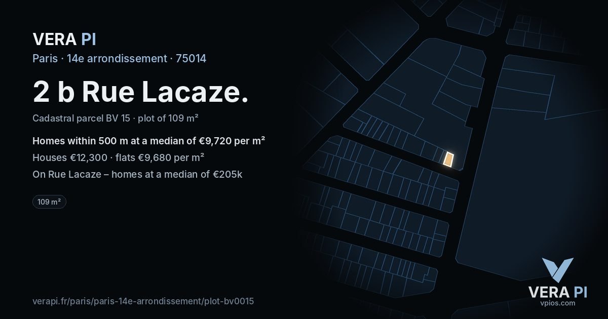 2 b Rue Lacaze, 14e arrondissement at night – the plot lit, the parcels around coloured by the prices near them
