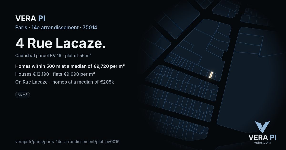 4 Rue Lacaze, 14e arrondissement at night – the plot lit, the parcels around coloured by the prices near them