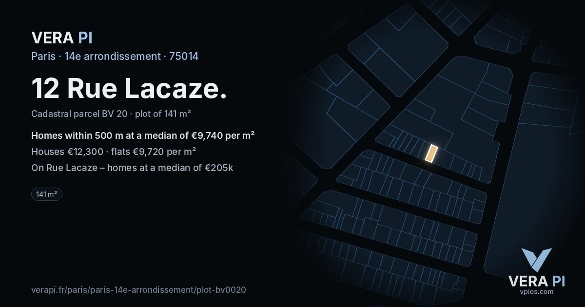 12 Rue Lacaze, 14e arrondissement at night – the plot lit, the parcels around coloured by the prices near them