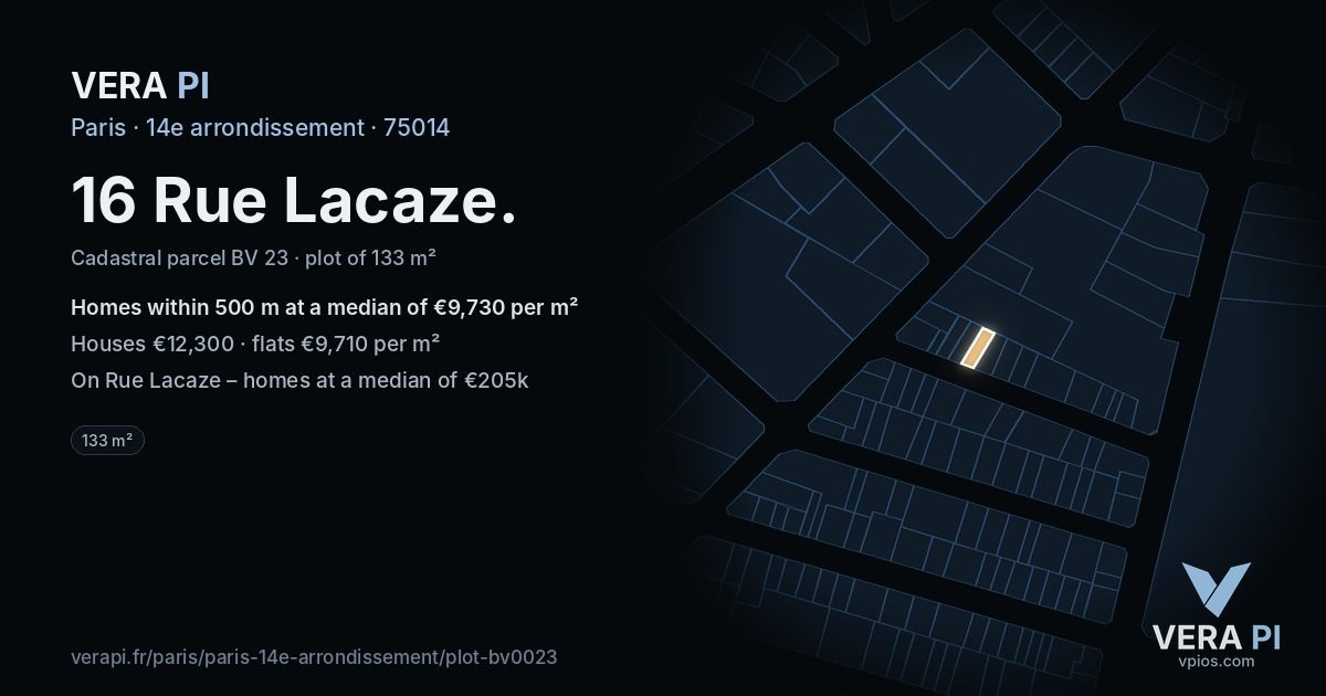 16 Rue Lacaze, 14e arrondissement at night – the plot lit, the parcels around coloured by the prices near them