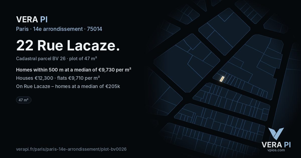 22 Rue Lacaze, 14e arrondissement at night – the plot lit, the parcels around coloured by the prices near them