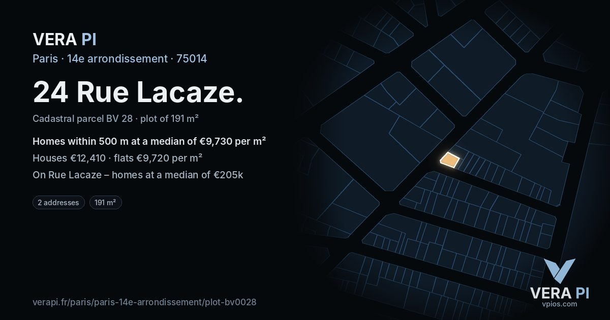 24 Rue Lacaze, 14e arrondissement at night – the plot lit, the parcels around coloured by the prices near them