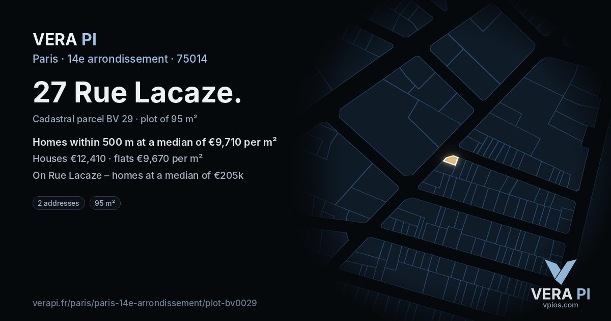 27 Rue Lacaze, 14e arrondissement at night – the plot lit, the parcels around coloured by the prices near them