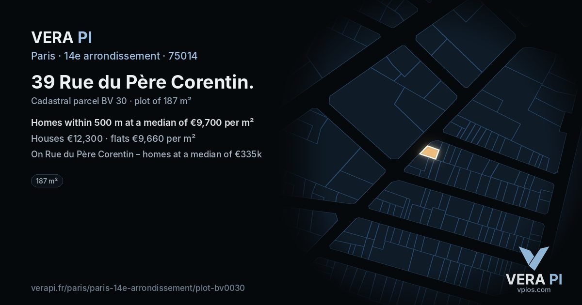 39 Rue du Père Corentin, 14e arrondissement at night – the plot lit, the parcels around coloured by the prices near them